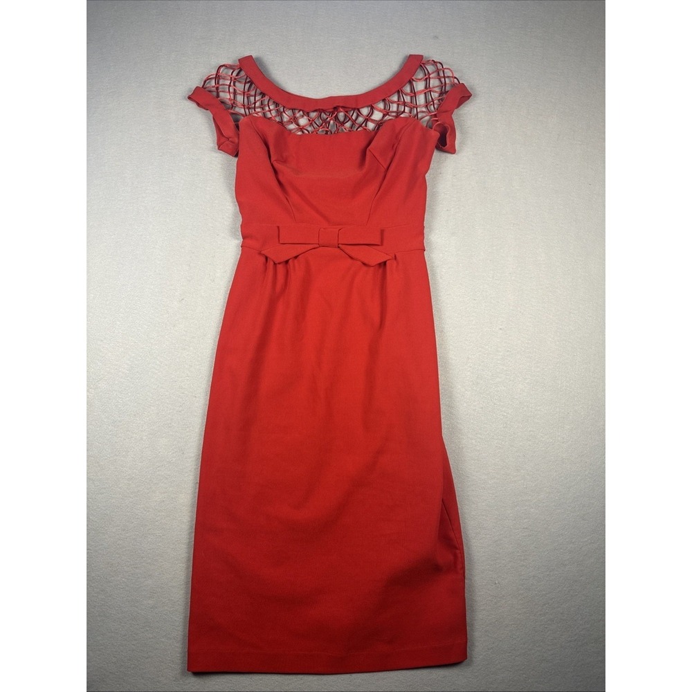 Tatyana Bettie Page Red Cutout Trim Bow Pinup Rockabilly Sheath Dress‎ Size XS